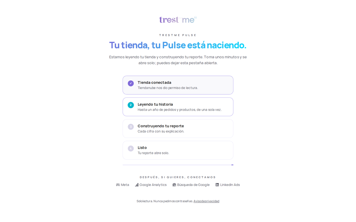Pantalla de bienvenida de Trestme Pulse mientras lee la tienda